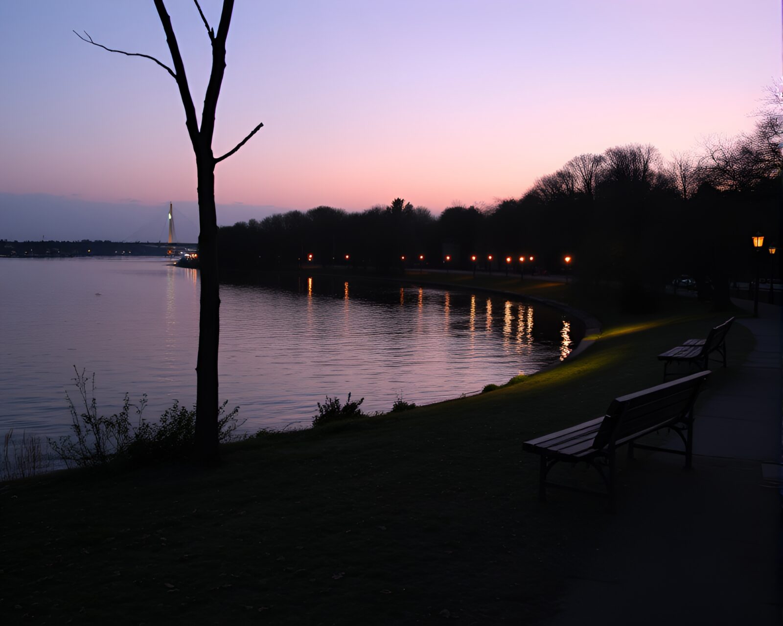 Quiet evening scene with a river flowing and soft lighting