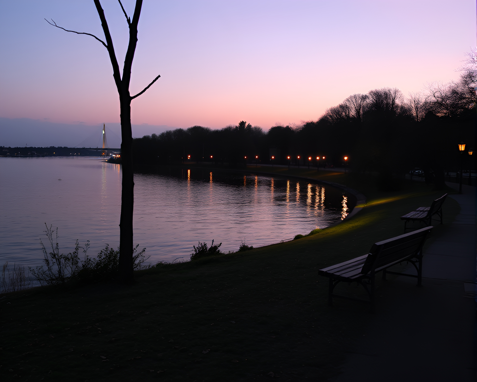 Peaceful Dusk at Riverside Park – free AI stock image