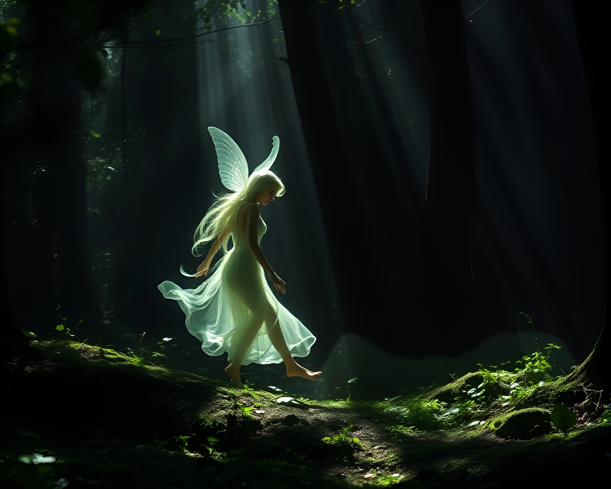 Ethereal Forest Nymph Dancing Among Shadows – free AI stock image