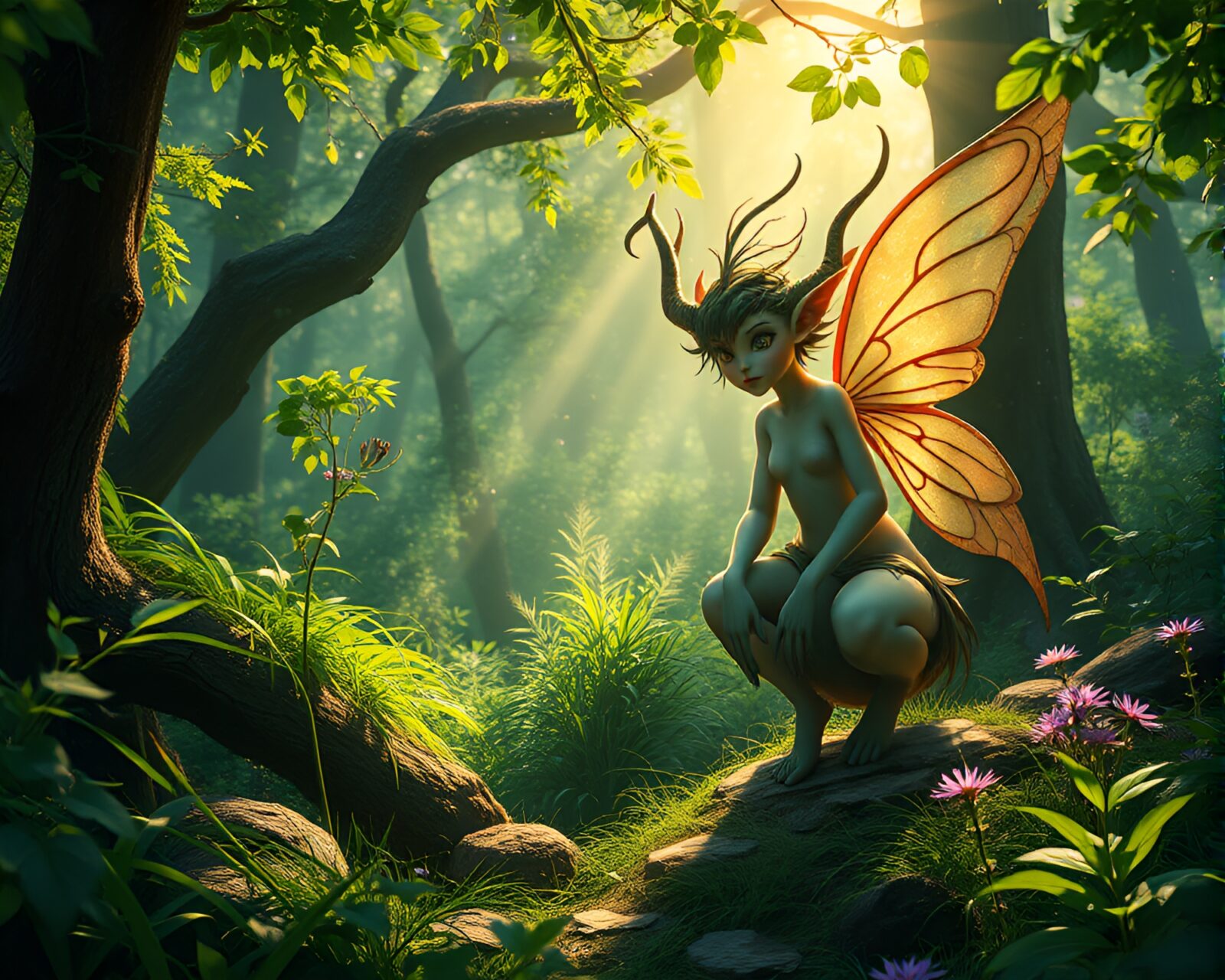 Beautiful nymph with ethereal wings in serene forest setting
