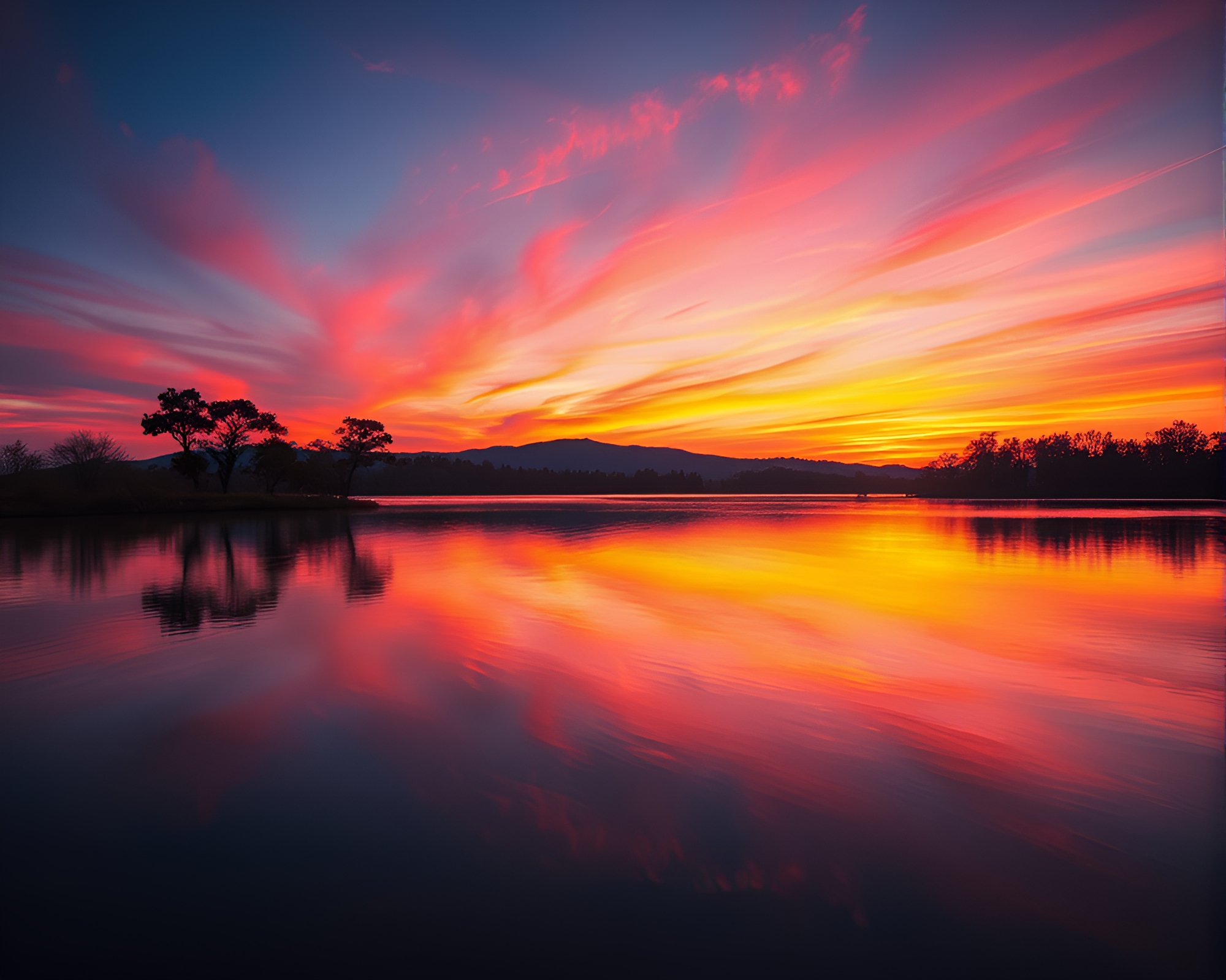 Serenity in Nature: Vibrant Sunset over Tranquil Lake – free AI stock image