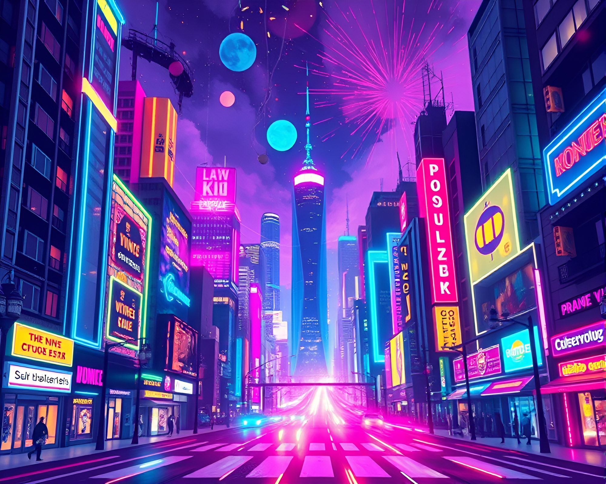 Vibrant Cityscape Illustration with Neon Lights – free AI stock image