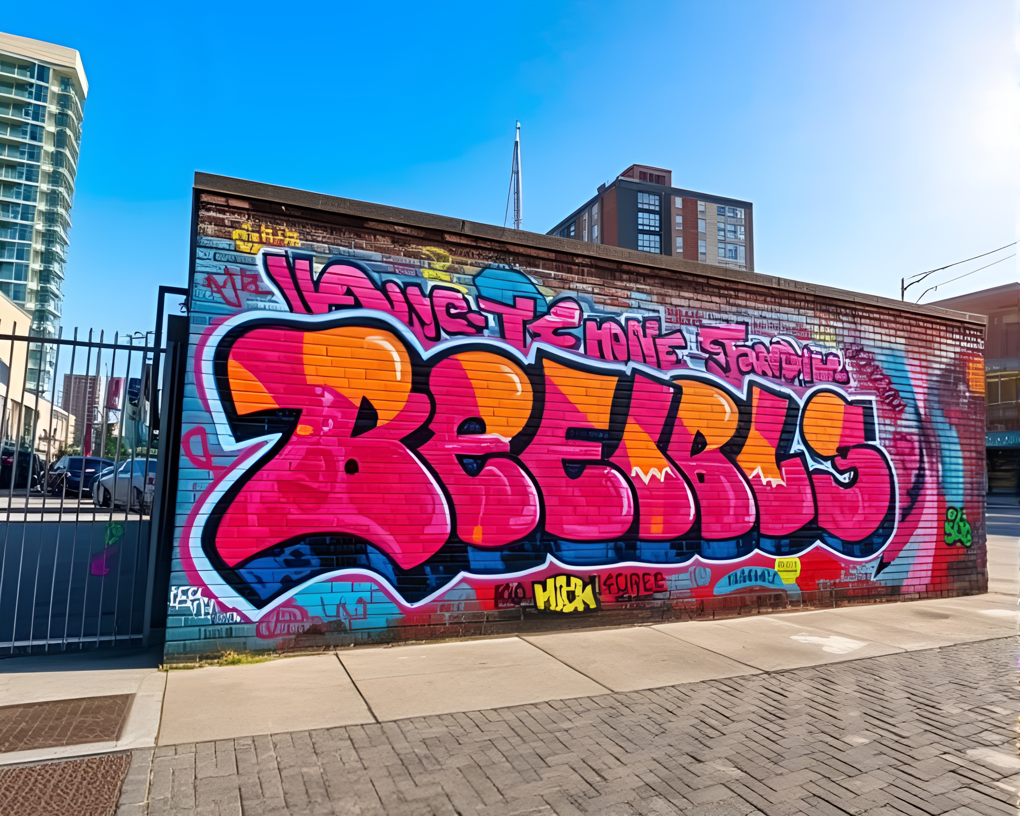 Colorful graffiti art on city brick wall – free AI stock image