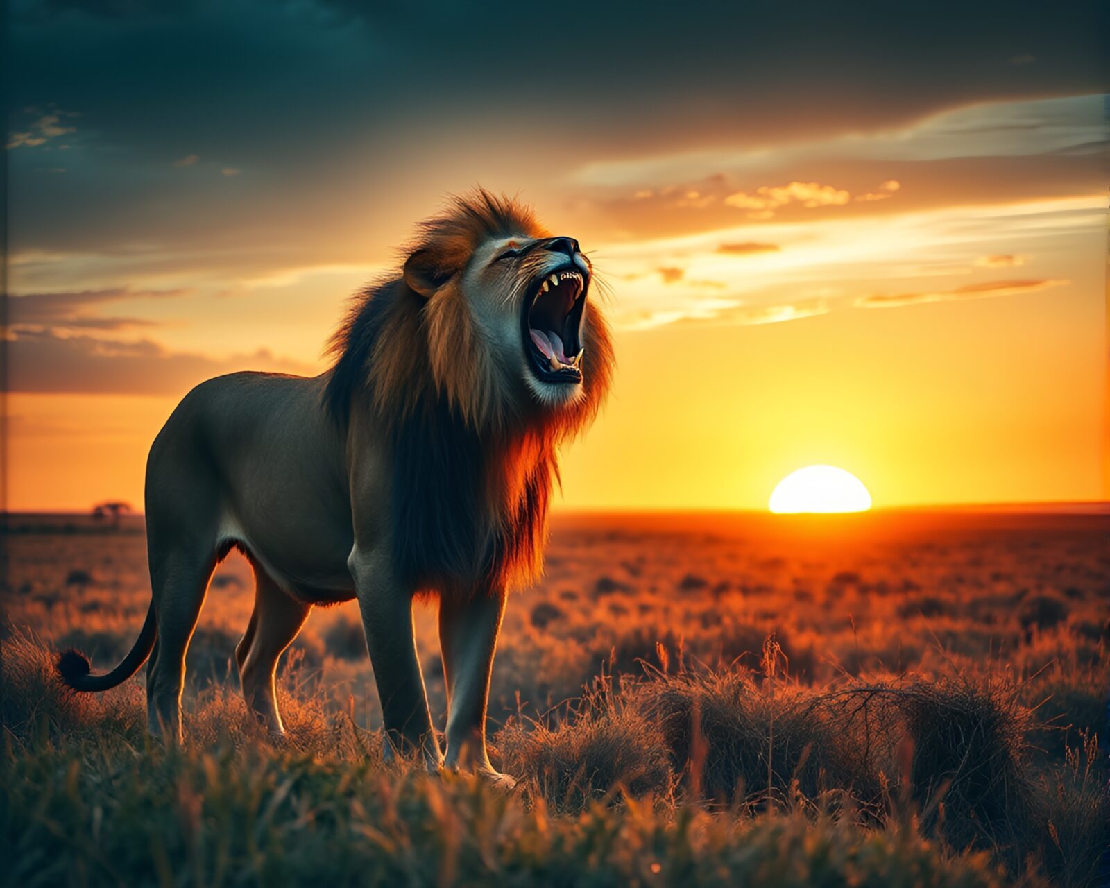 Powerful lion standing in golden savanna at sunset
