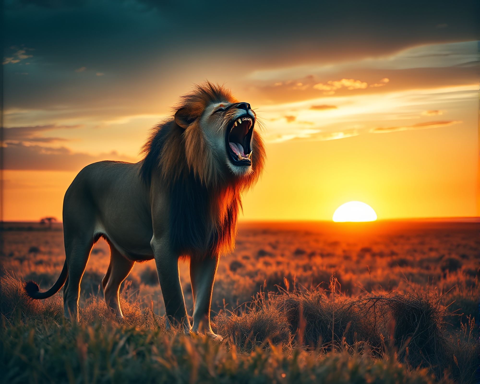 Majestic Roaring Lion in Savanna Sunset – free AI stock image