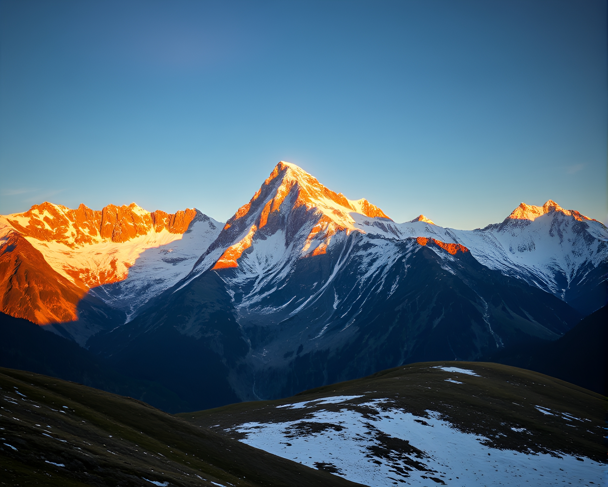 Golden Light Illuminating Snow-Capped Mountain Peaks – free AI stock image