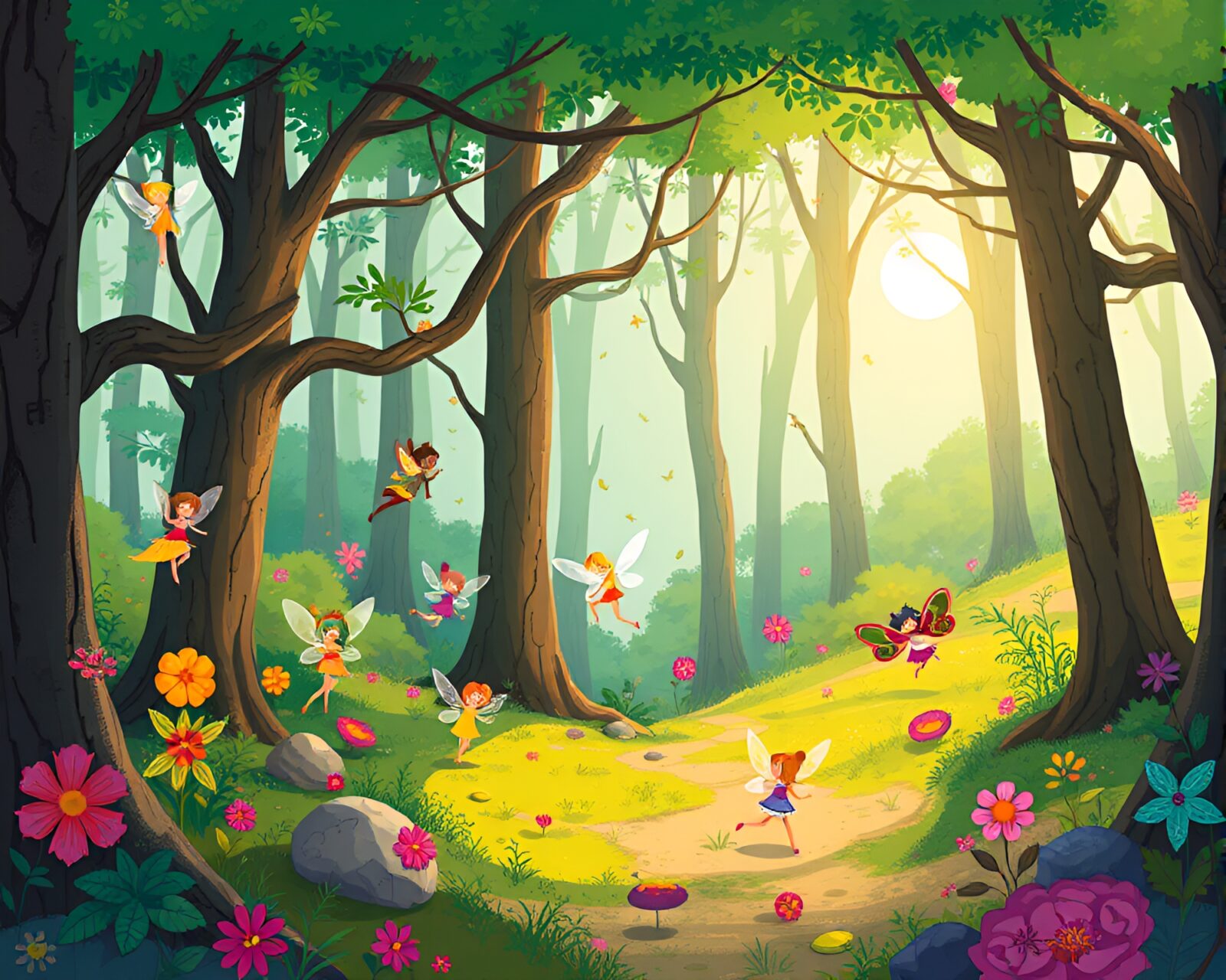 Playful and colorful forest illustration with whimsical fairy creatures