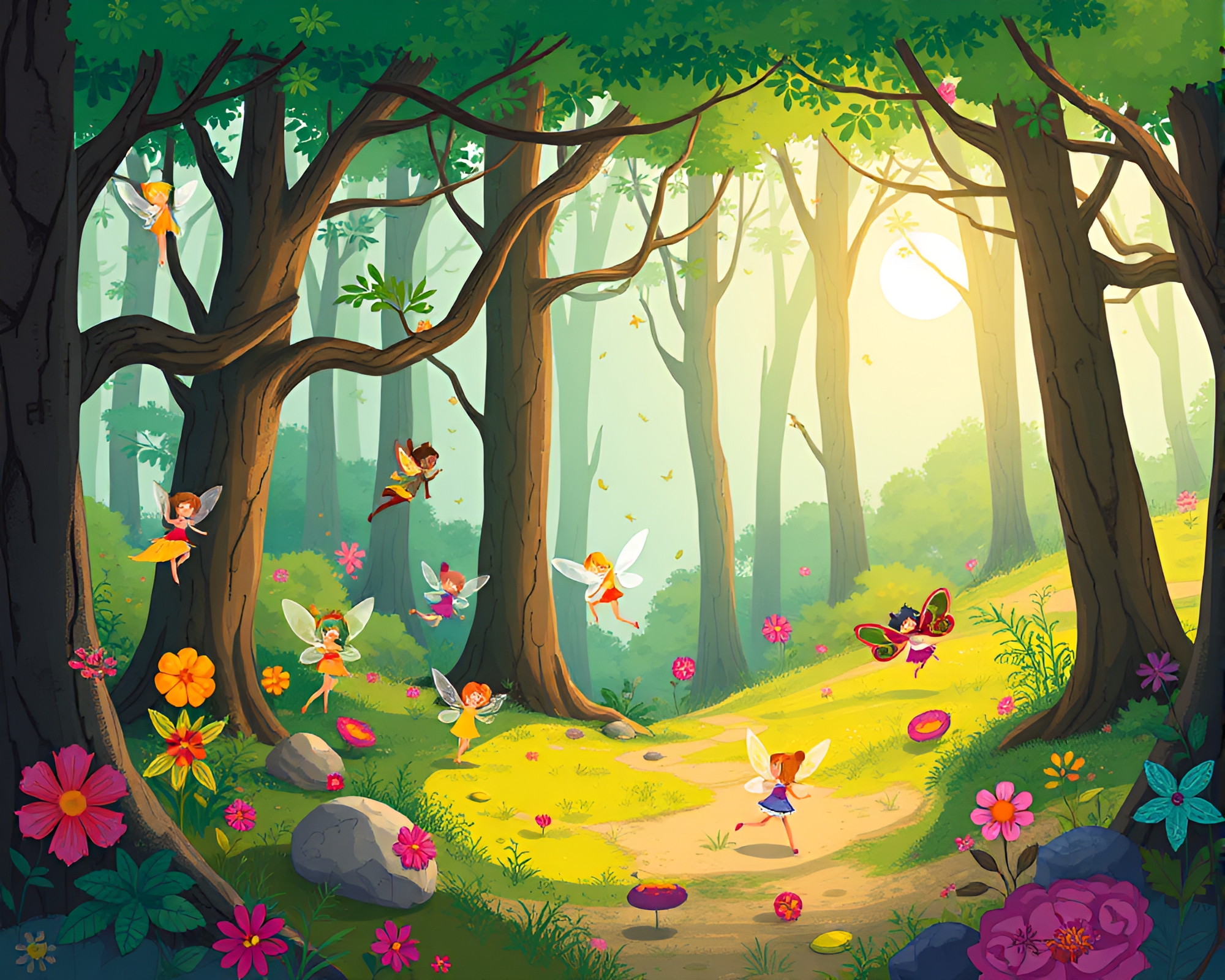 Vibrant Forest Illustration with Fairies Dancing Around Trees – free AI stock image