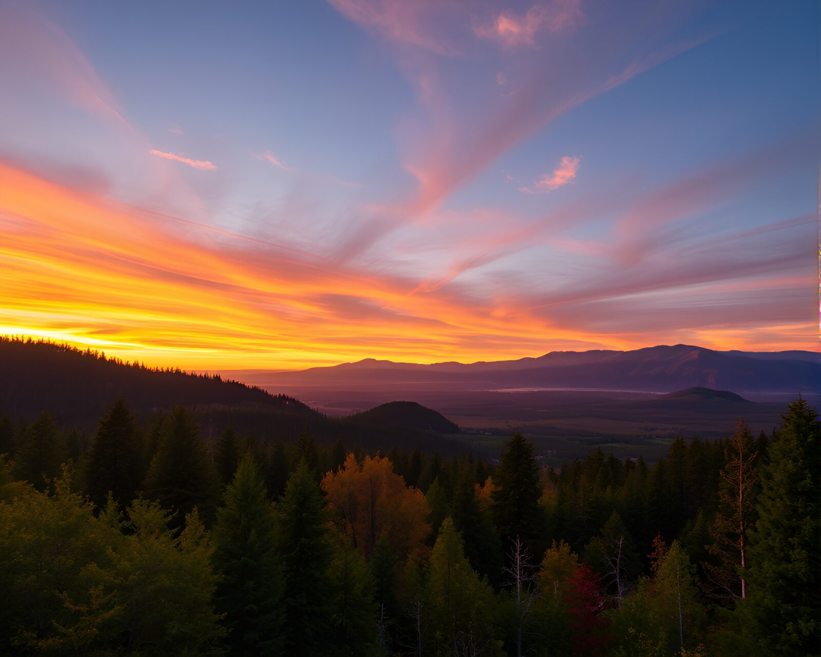 Vibrant sunset over lush green forest and mountains