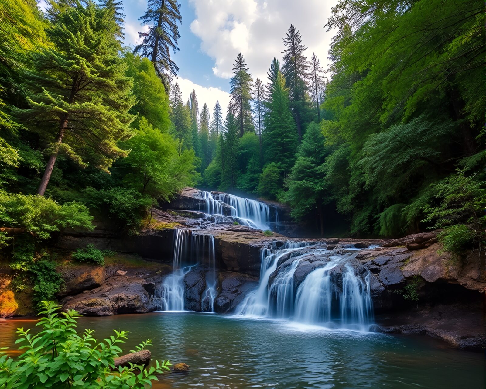 Serenity in nature with majestic waterfall flowing through lush forest