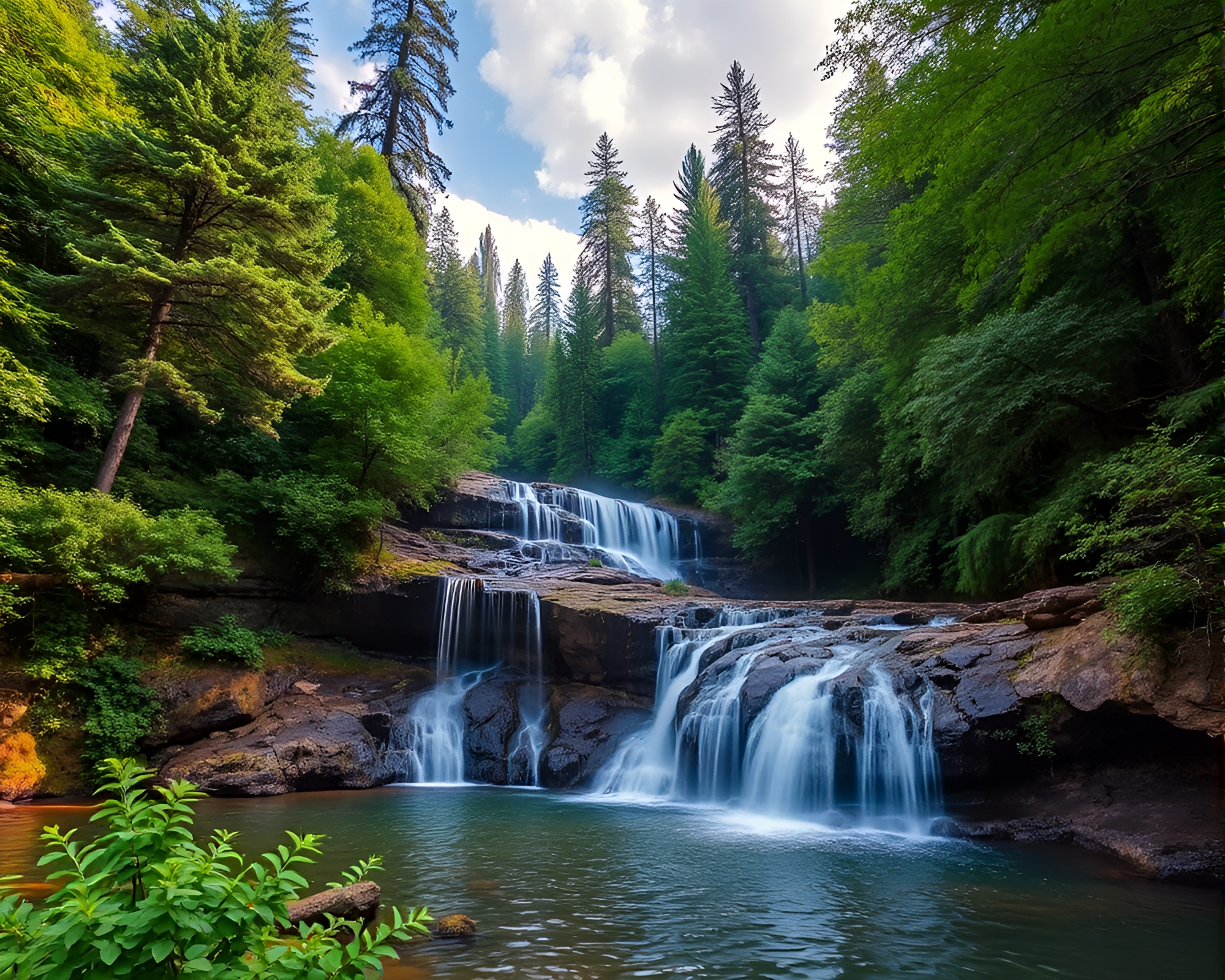 Majestic Waterfall in Tranquil Forest Landscape – free AI stock image