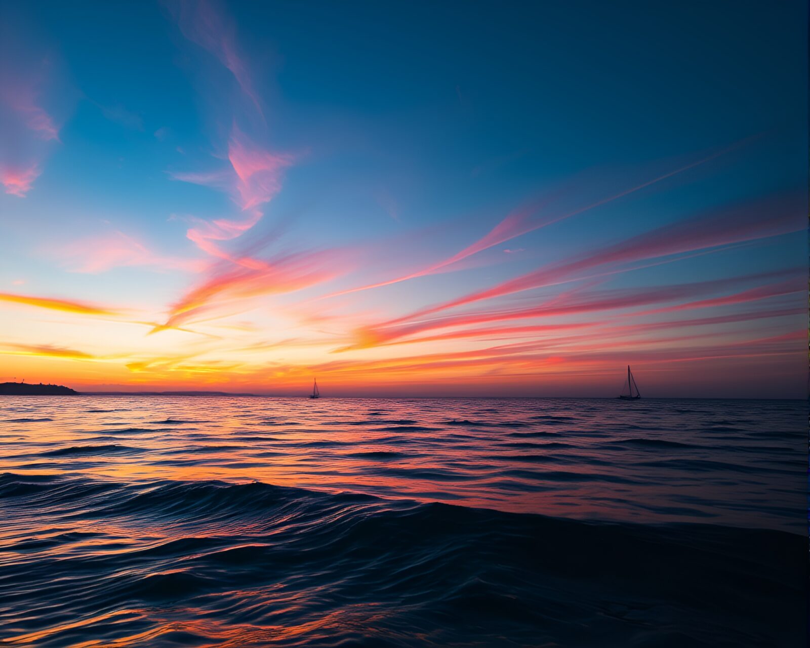 Vibrant sunset reflecting on calm sea with distant sailboats