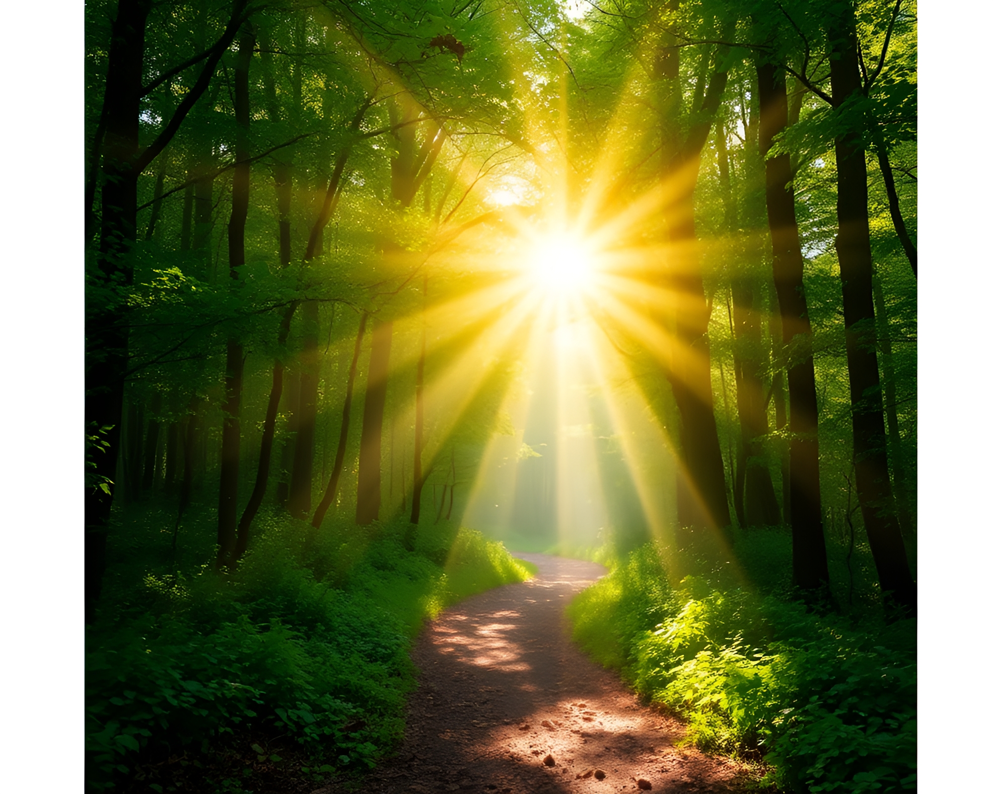 Enchanted Forest Path Through Sunlit Trees – free AI stock image