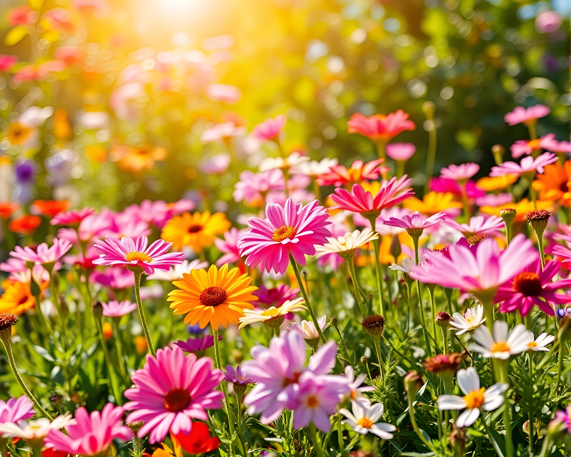 Colorful Flowers Blooming in Sunlit Garden – free AI stock image