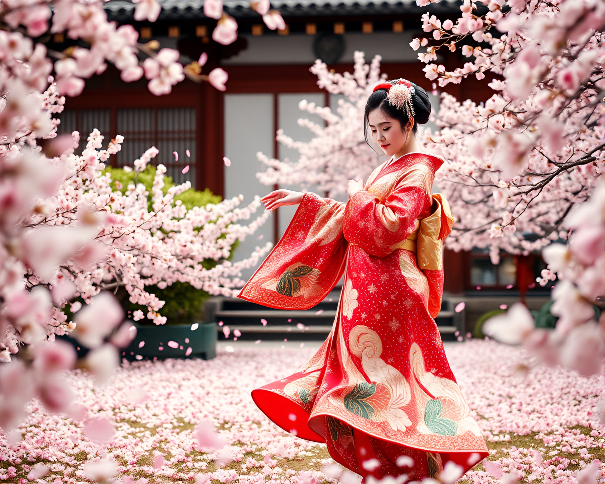 Ethereal Geisha Dancing in Cherry Blossom Garden – free AI stock image