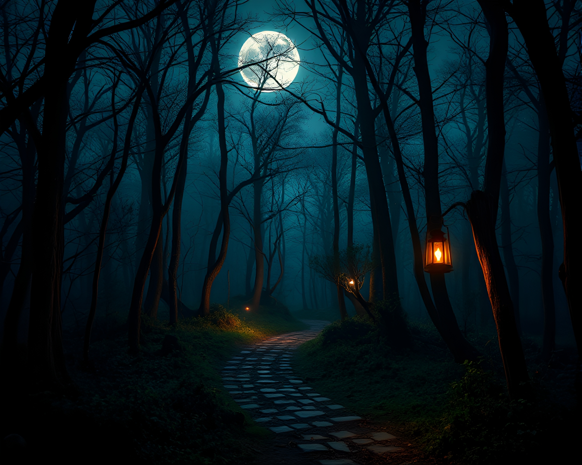 Fantasy Forest Lantern Illuminating Mystical Night Path – free AI stock image