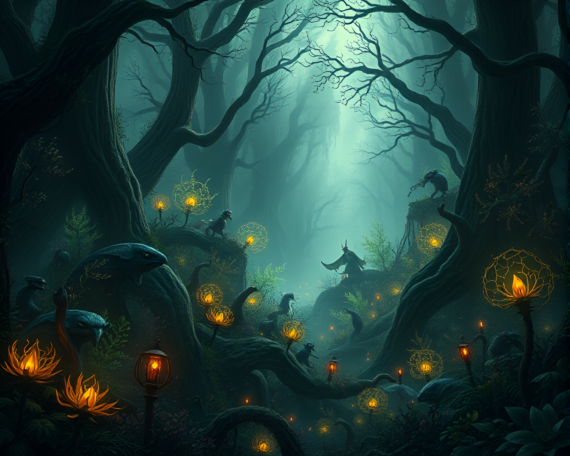 Dark Fantasy Forest Enchanted with Mystical Creatures – free AI stock image