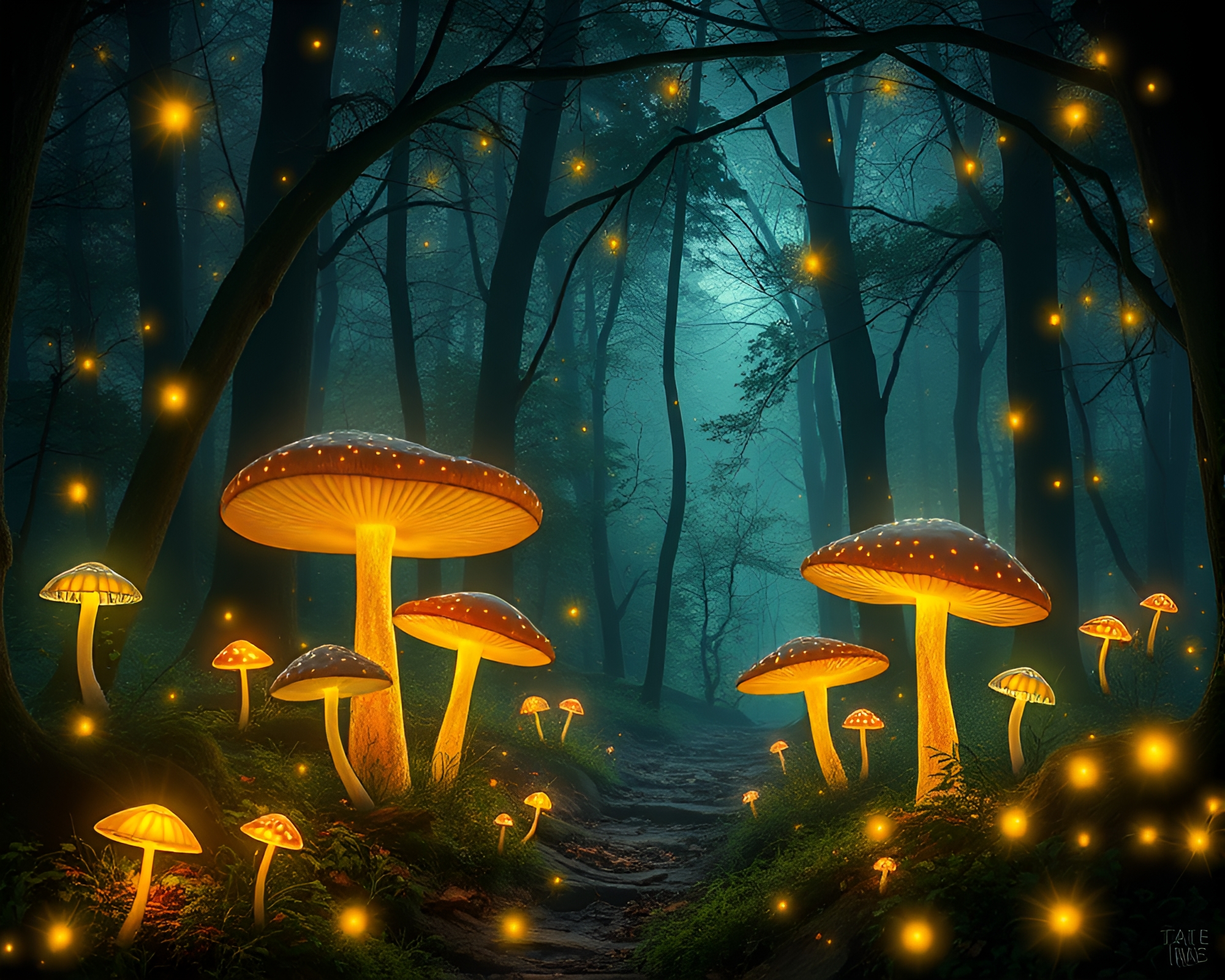 Enchanted Forest with Glowing Mushrooms and Fireflies – free AI stock image