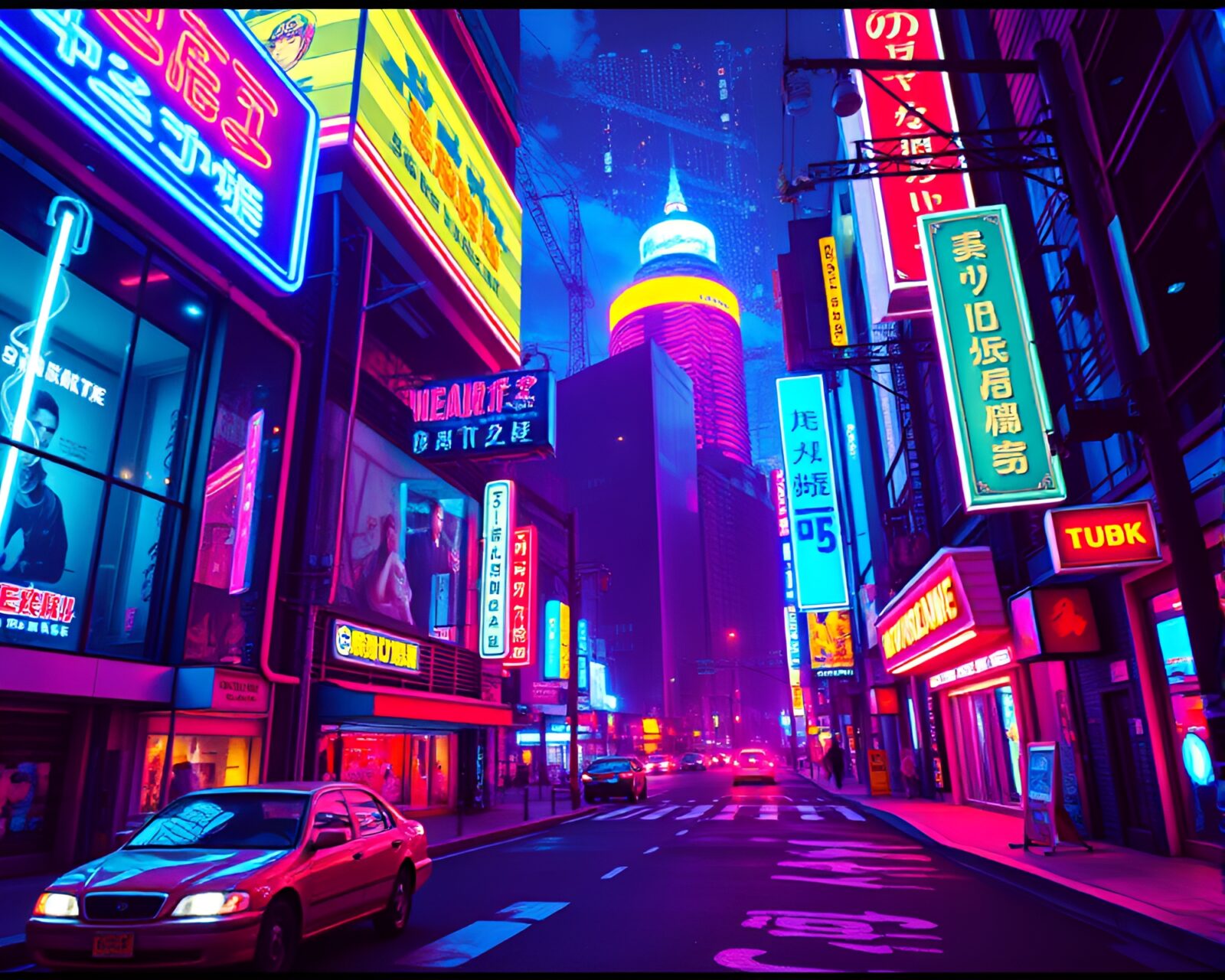 Vivid pop art depiction of city skyline illuminated by neon lights.