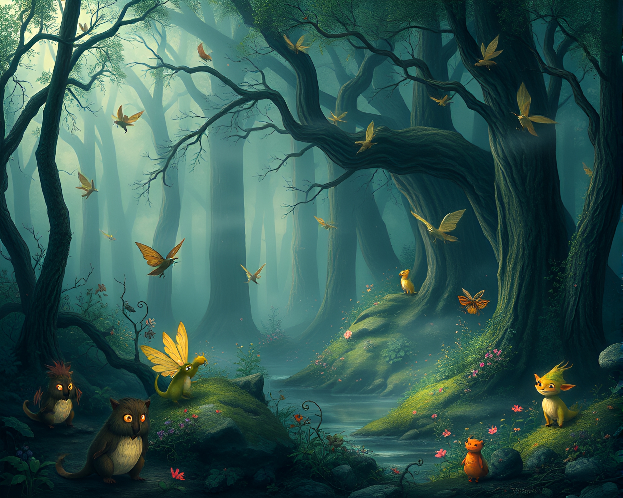 Mystical Forest Scene with Enchanted Creatures – free AI stock image