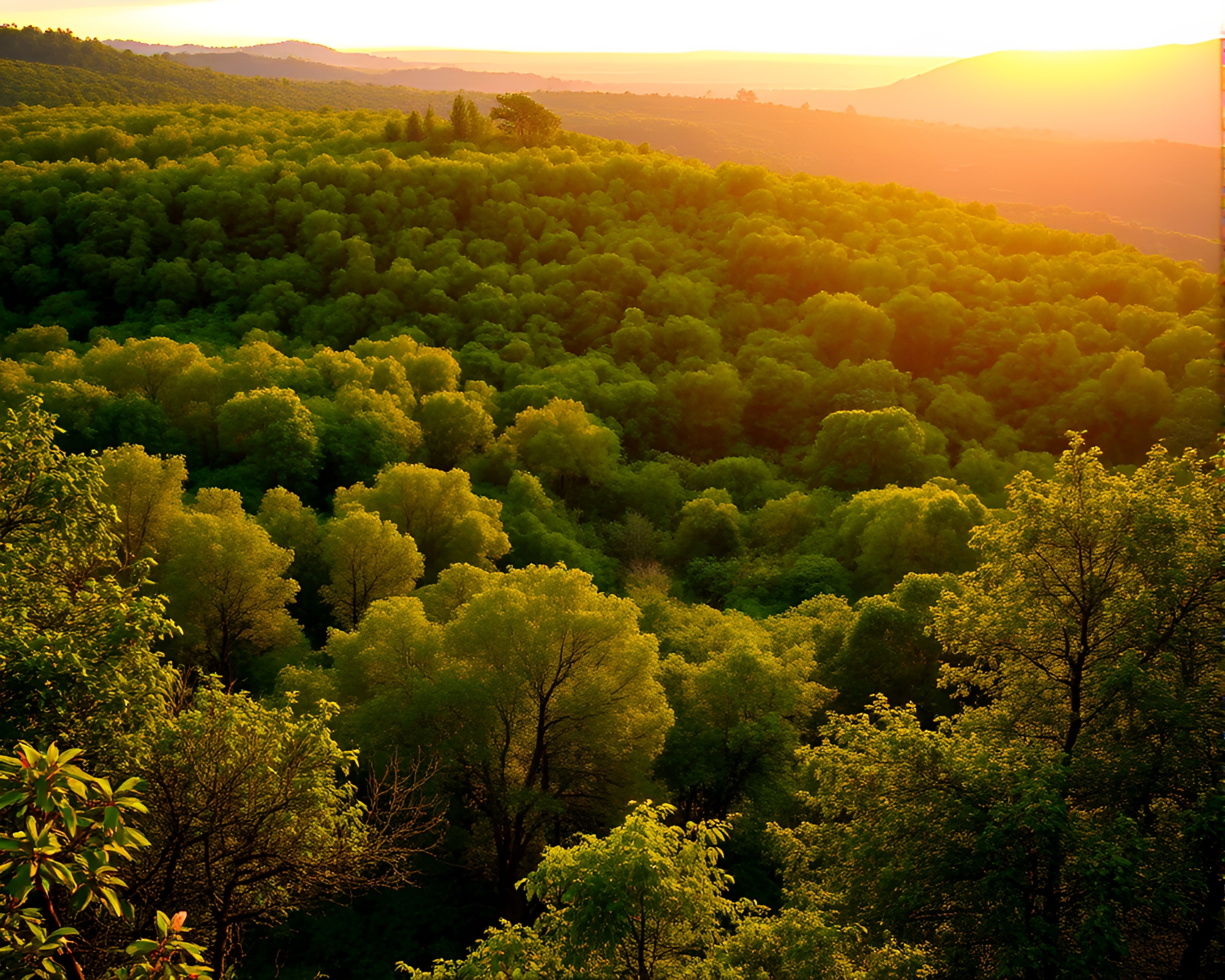 Vibrant Green Forest Sunset Landscape – free AI stock image