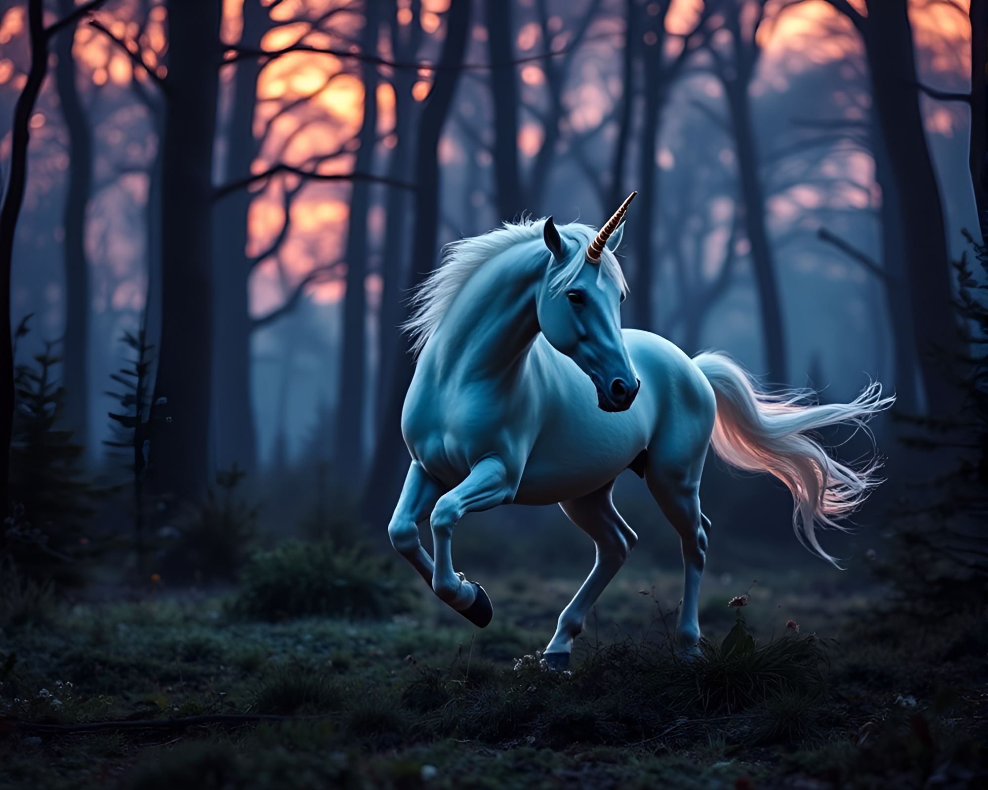 Majestic Unicorn Galloping Through Mystical Forest at Twilight – free AI stock image