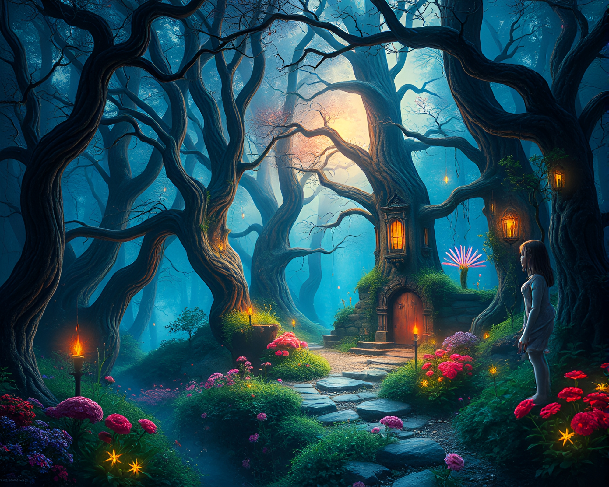 Vibrant Fantasy Illustration with Enchanted Forest – free AI stock image