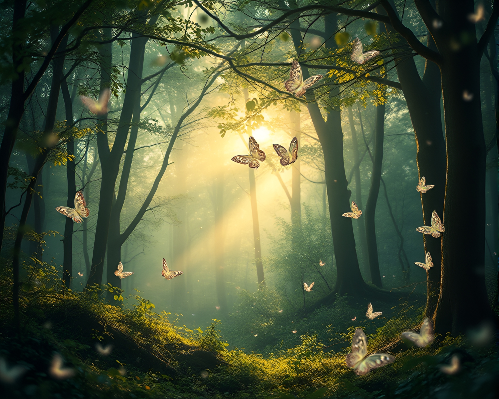 Mystical Forest with Enchanting Butterflies – free AI stock image