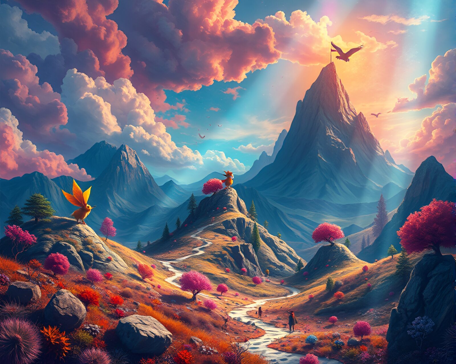 Colorful landscape art piece showcasing whimsical animals in unique style