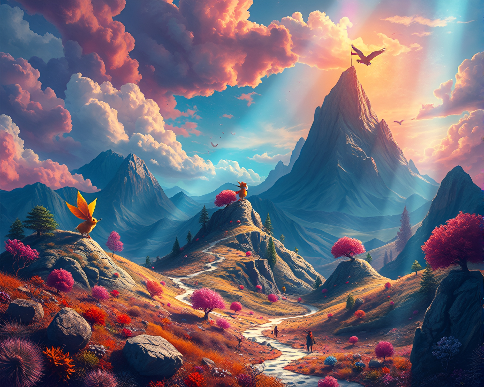 Vibrant landscape Illustration with whimsical animals – free AI stock image