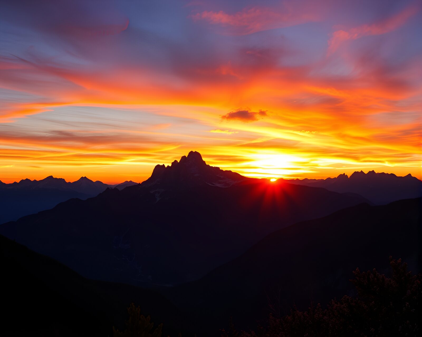 Colorful sunset casting warm glow on majestic mountain range