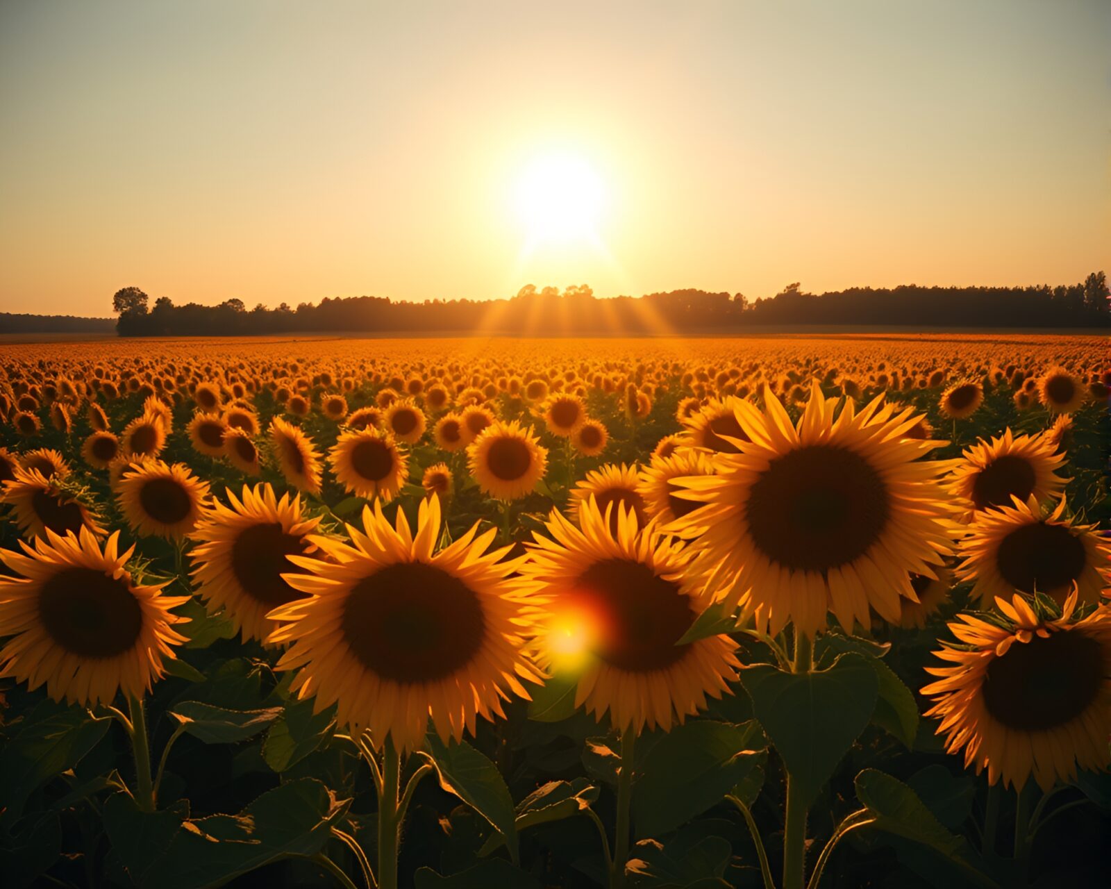 Vivid yellow sunflowers under clear blue sky in expansive field