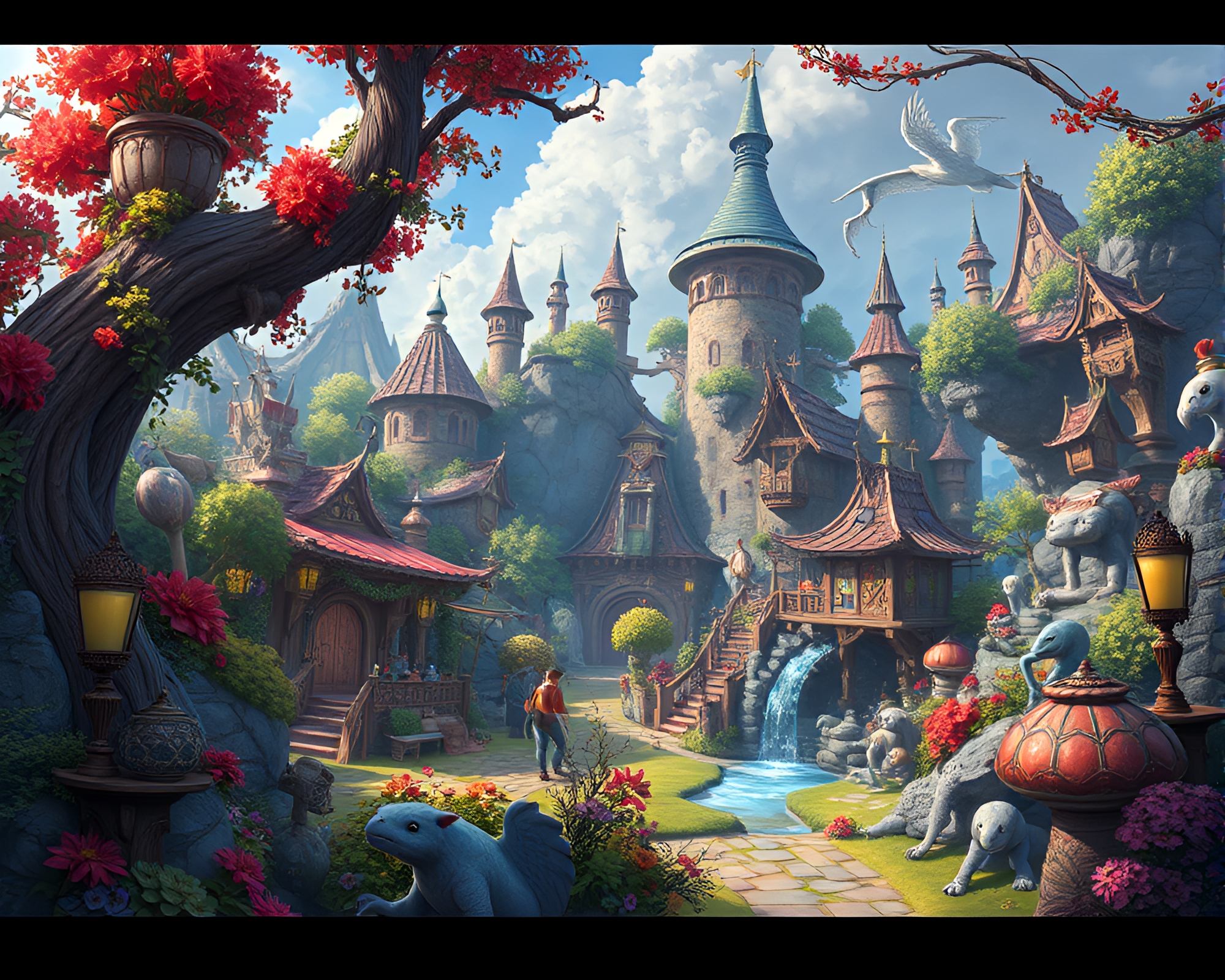 Vibrant Fantasy World Illustrated in Artistic Style – free AI stock image