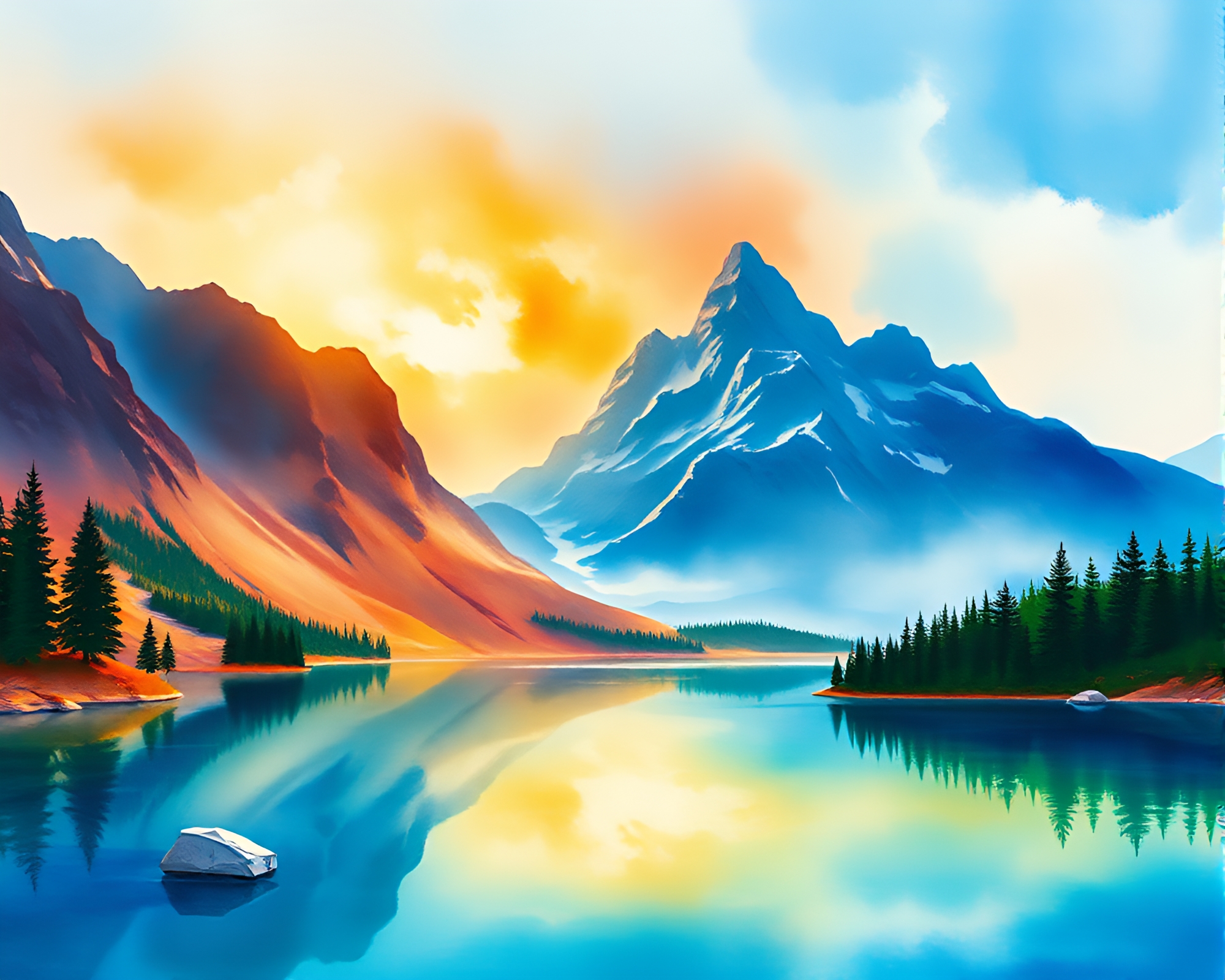 Serenity in Watercolor: Majestic Mountain Landscape – free AI stock image