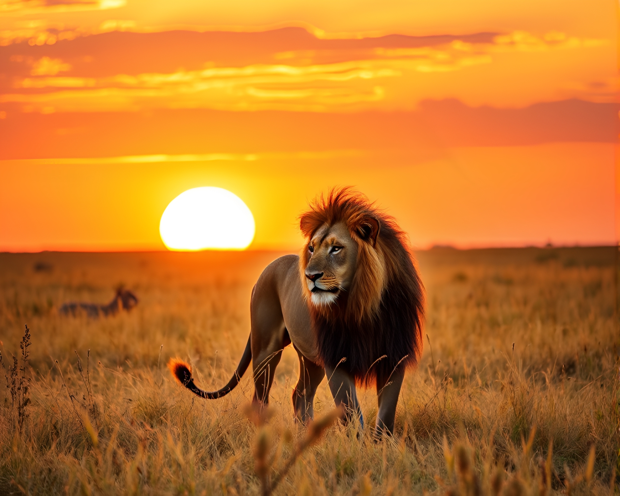 Majestic Lion Roaming in Serene Savannah Sunset – free AI stock image