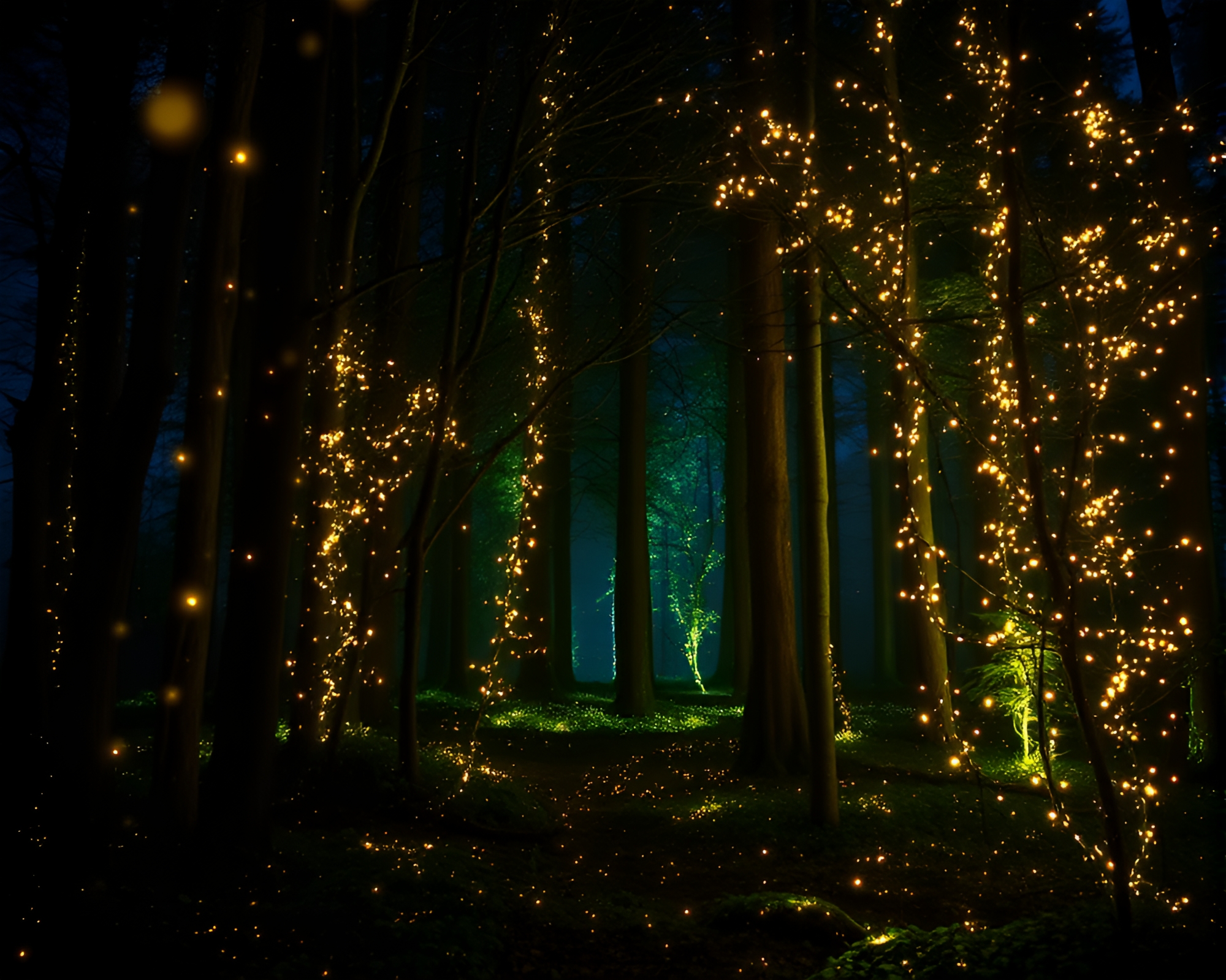 Enchanting Forest Illuminated by Glowing Fireflies – free AI stock image