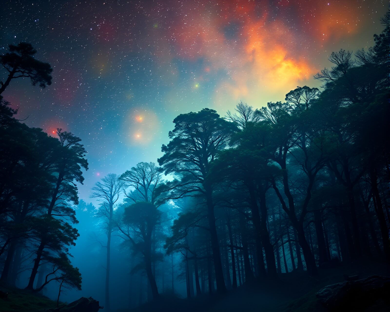 Magical starlit sky shining over mystical woodland landscape