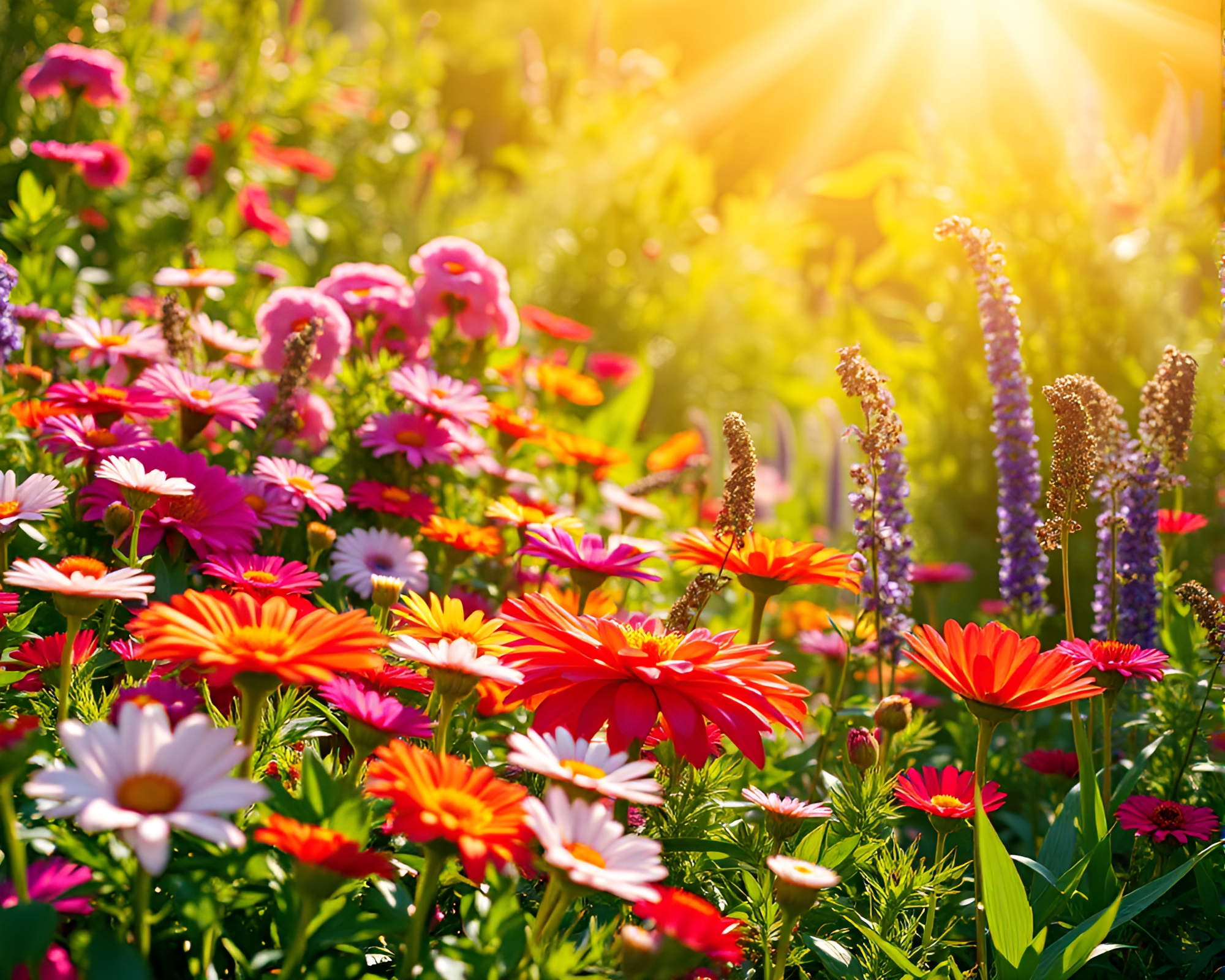 Vibrant Flower Garden Blooming Under Bright Summer Sun – free AI stock image
