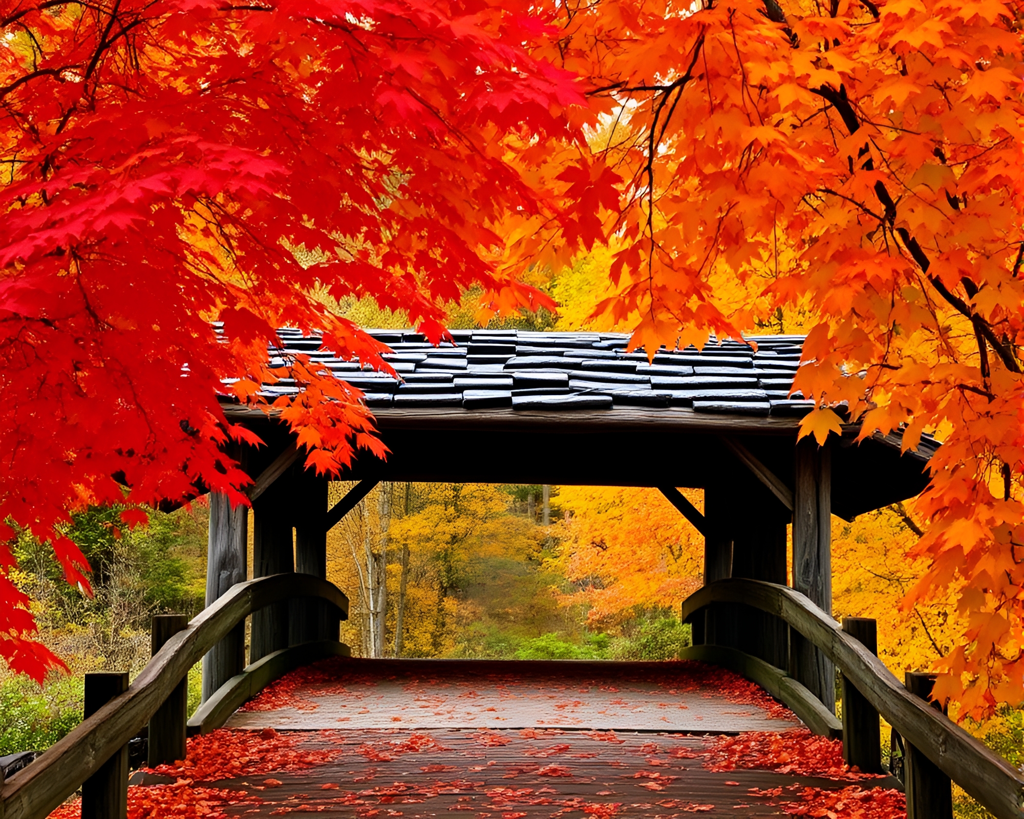 Colorful Fall Leaves Adorning Rustic Wooden Bridge – free AI stock image