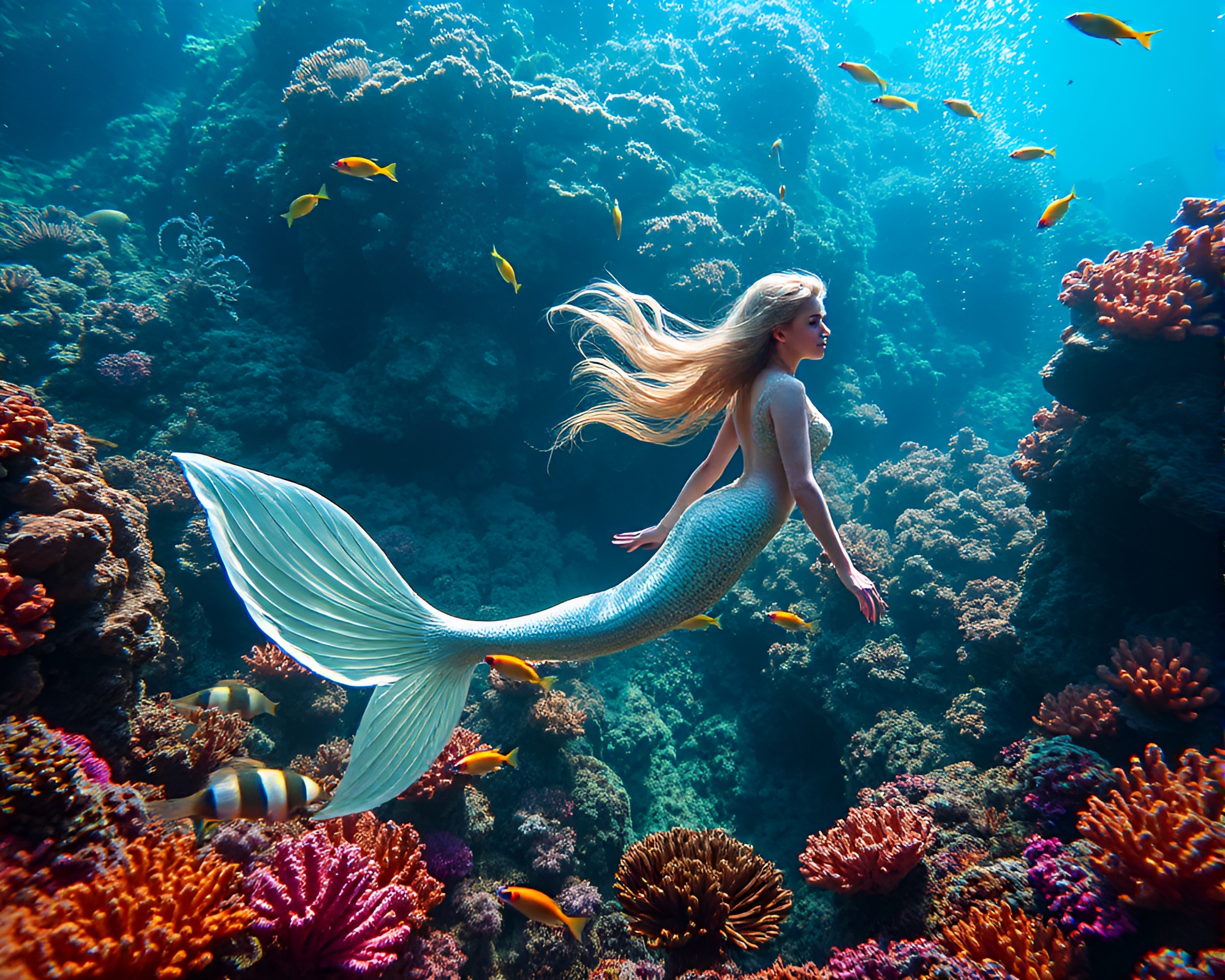 Ethereal Mermaid Swimming in Coral Reef Wonderland – free AI stock image