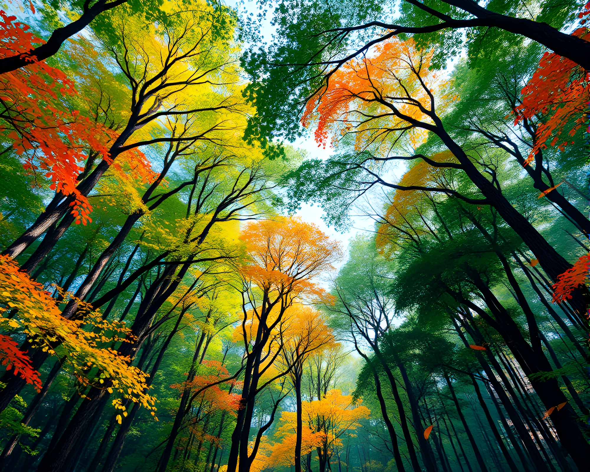 Vibrant Forest Painting Depicting Sunlit Canopy Details – free AI stock image
