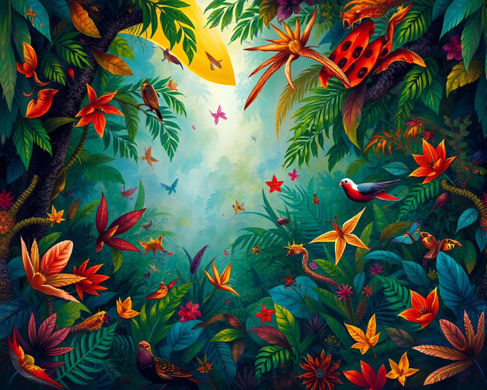 Vivid abstract painting of lush jungle foliage and wildlife