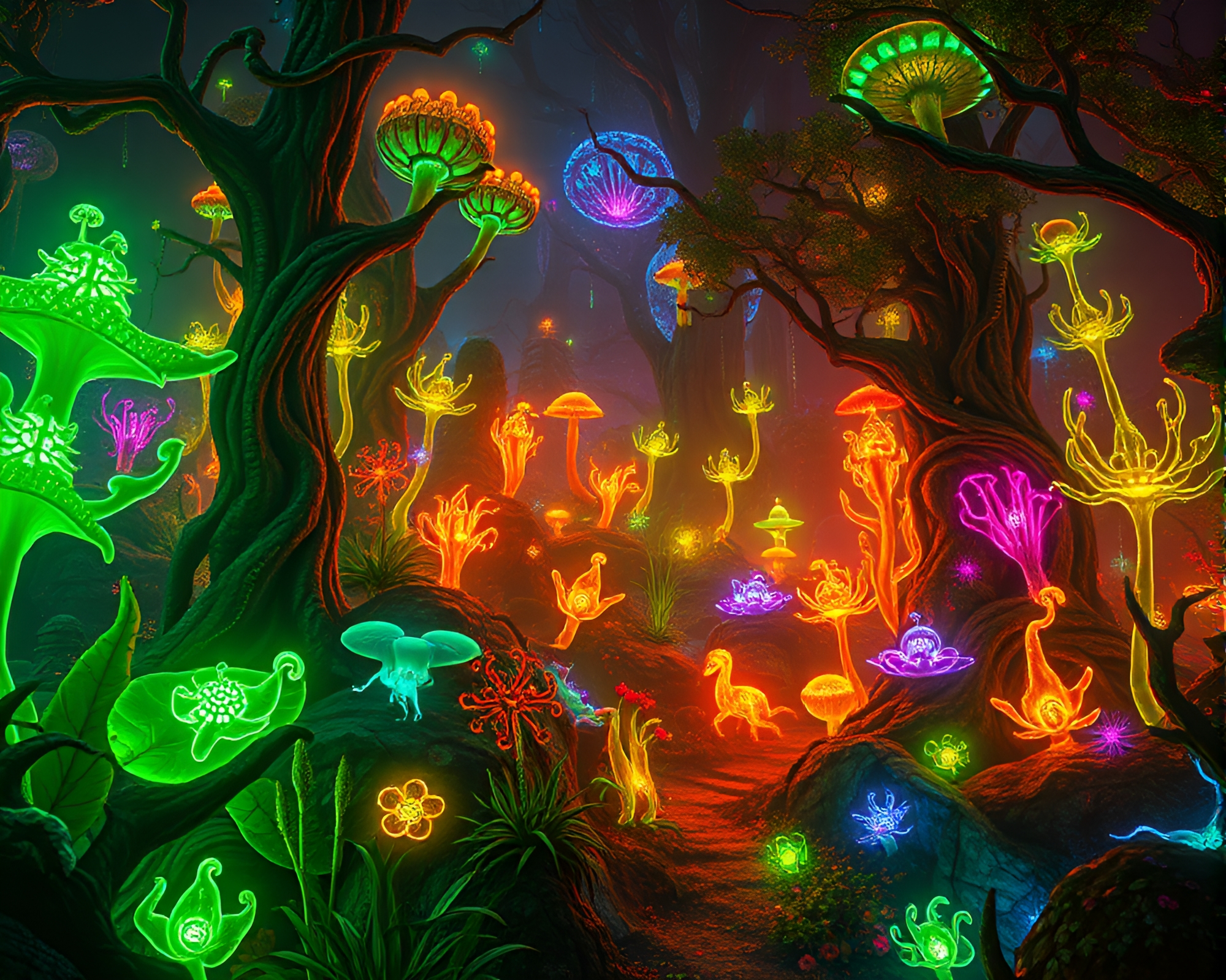 Surreal Forest with Glowing Fauna and Flora – free AI stock image