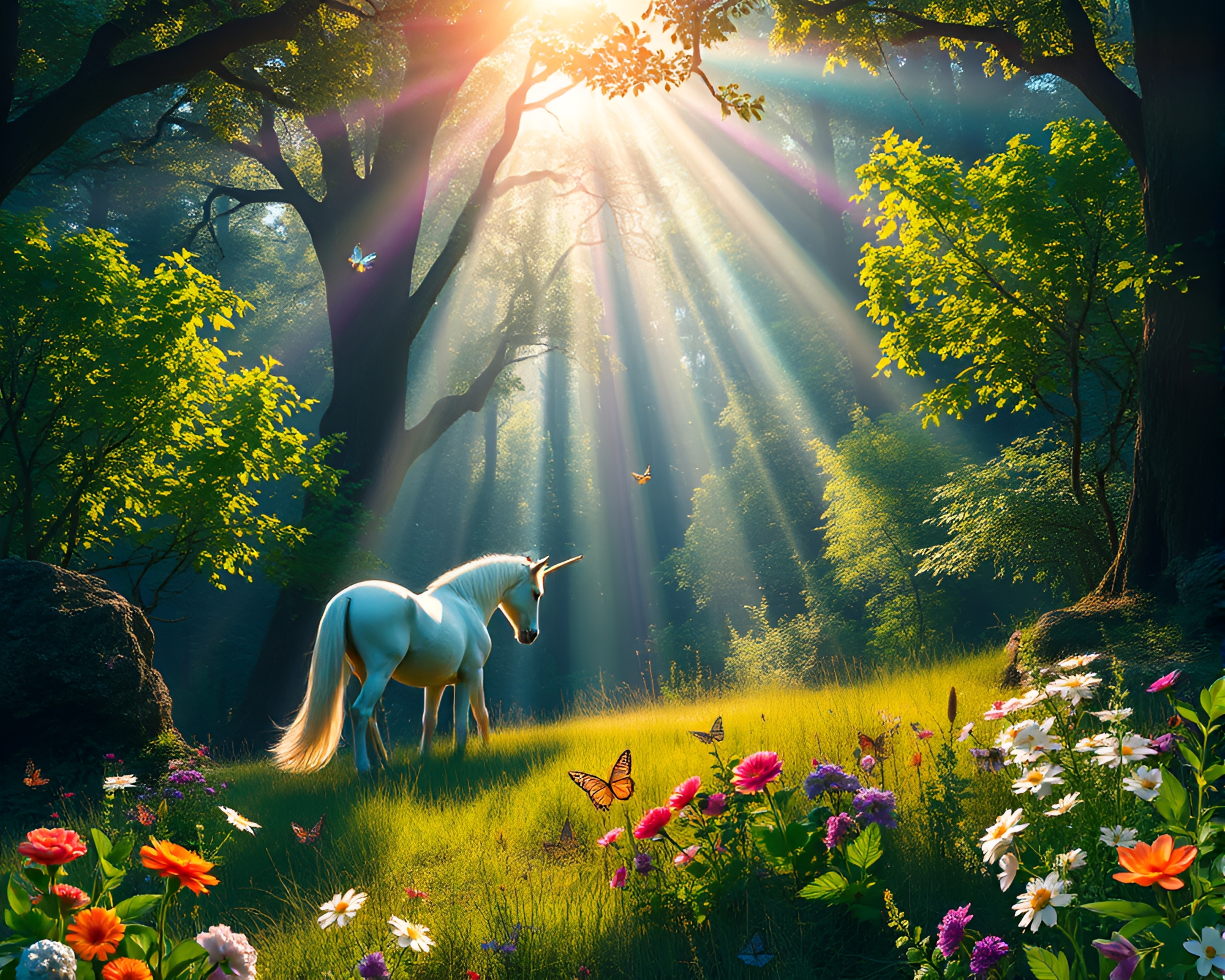 Enchanted forest with mystical unicorn – free AI stock image