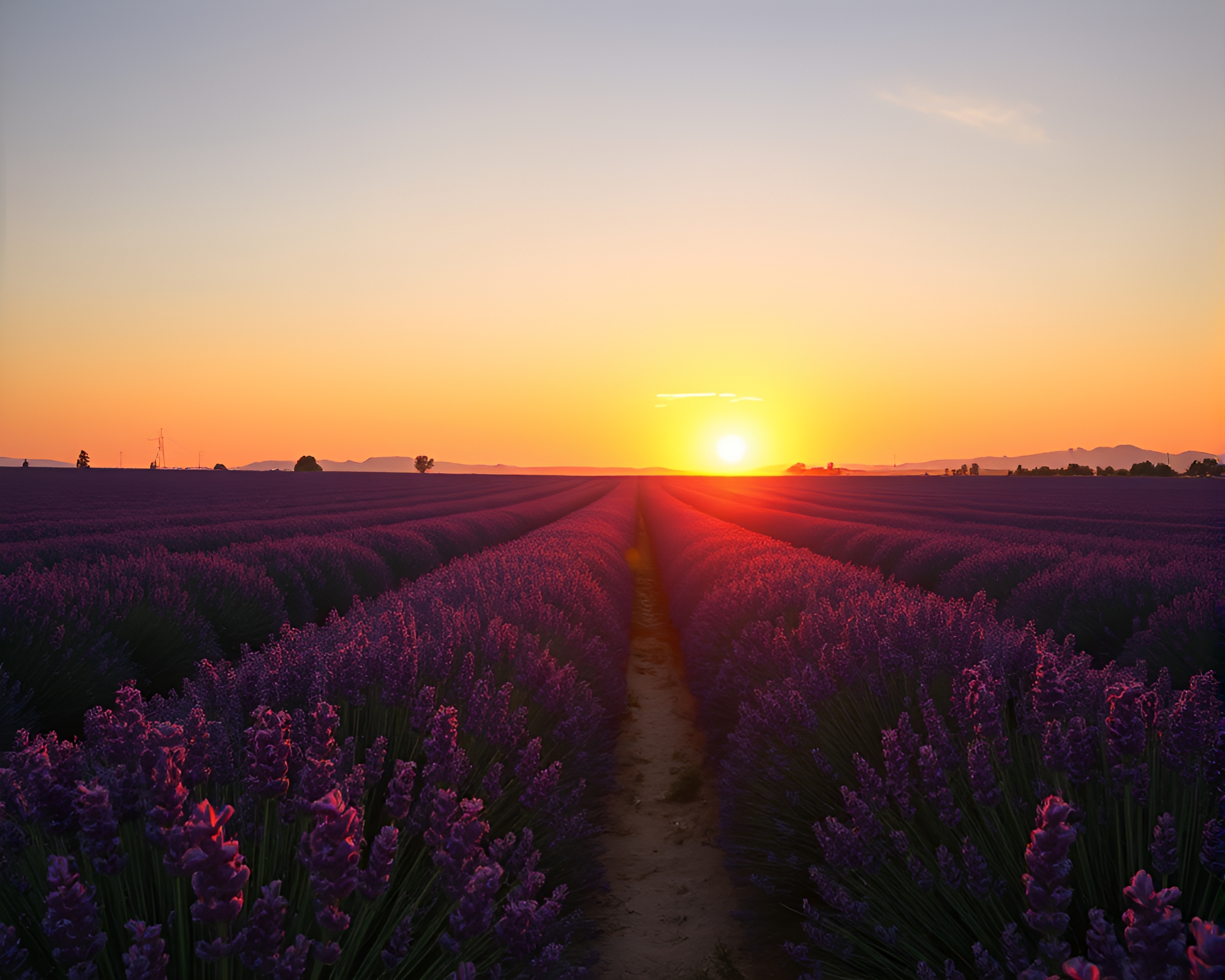 Sunset over Lavender Fields at Provence – free AI stock image