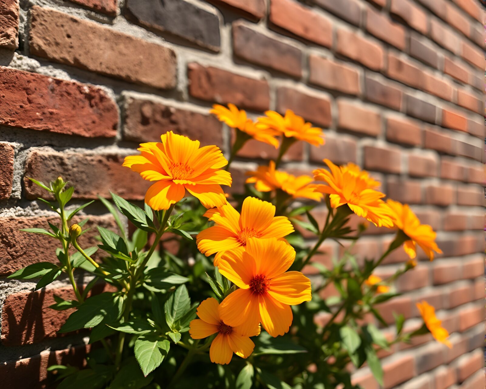 Colorful wildflowers contrast with weathered red brick wall outdoors