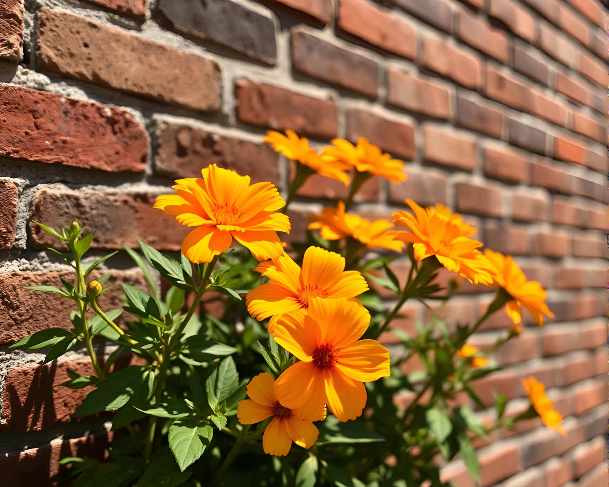 Vibrant Flowers Blooming Against Rustic Brick Wall – free AI stock image