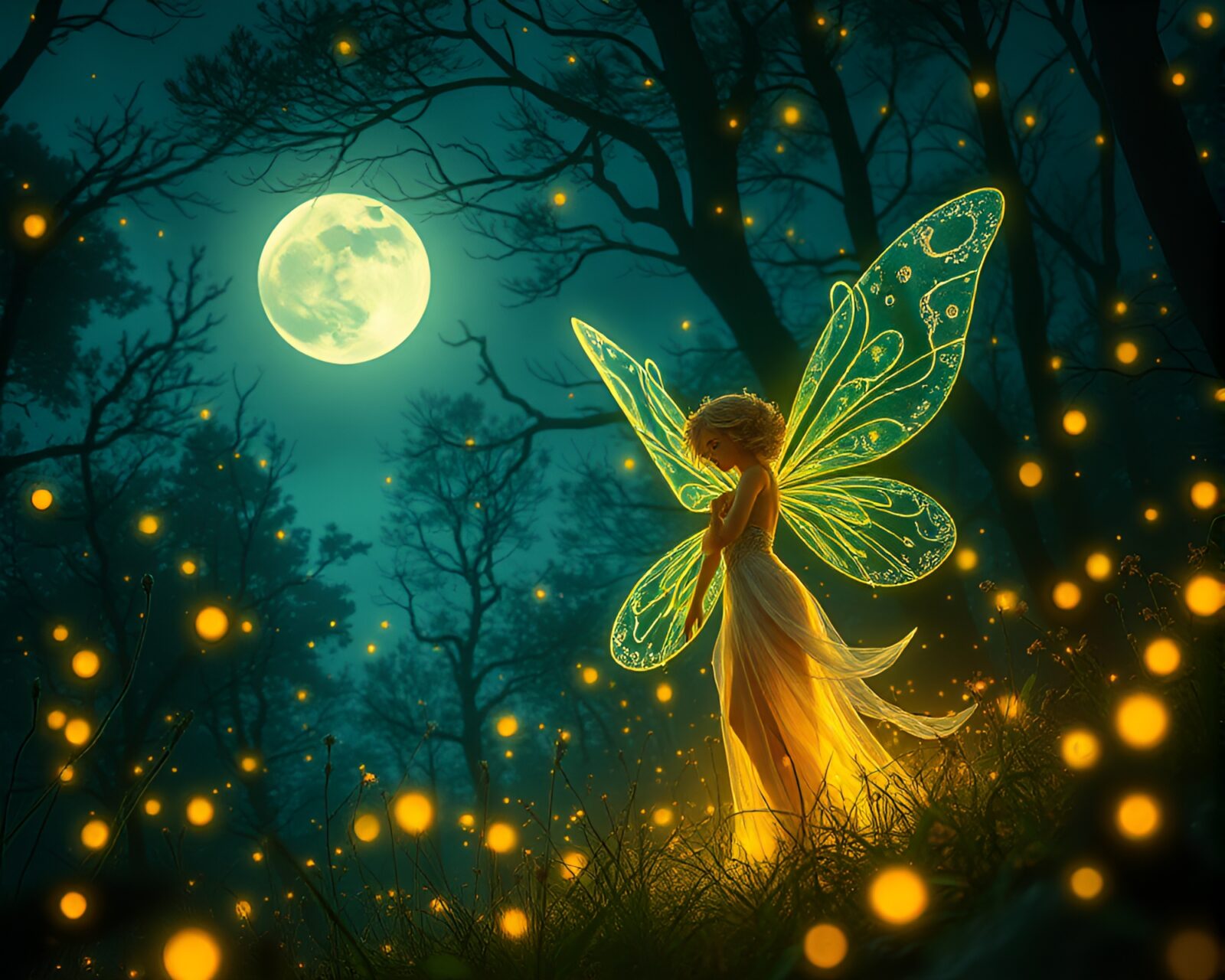 Magical creature wearing glowing wings in moonlit forest