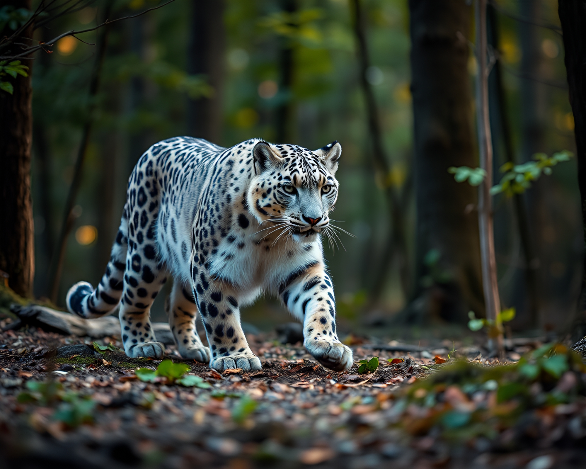 Majestic Snow Leopard in Mystical Forest – free AI stock image