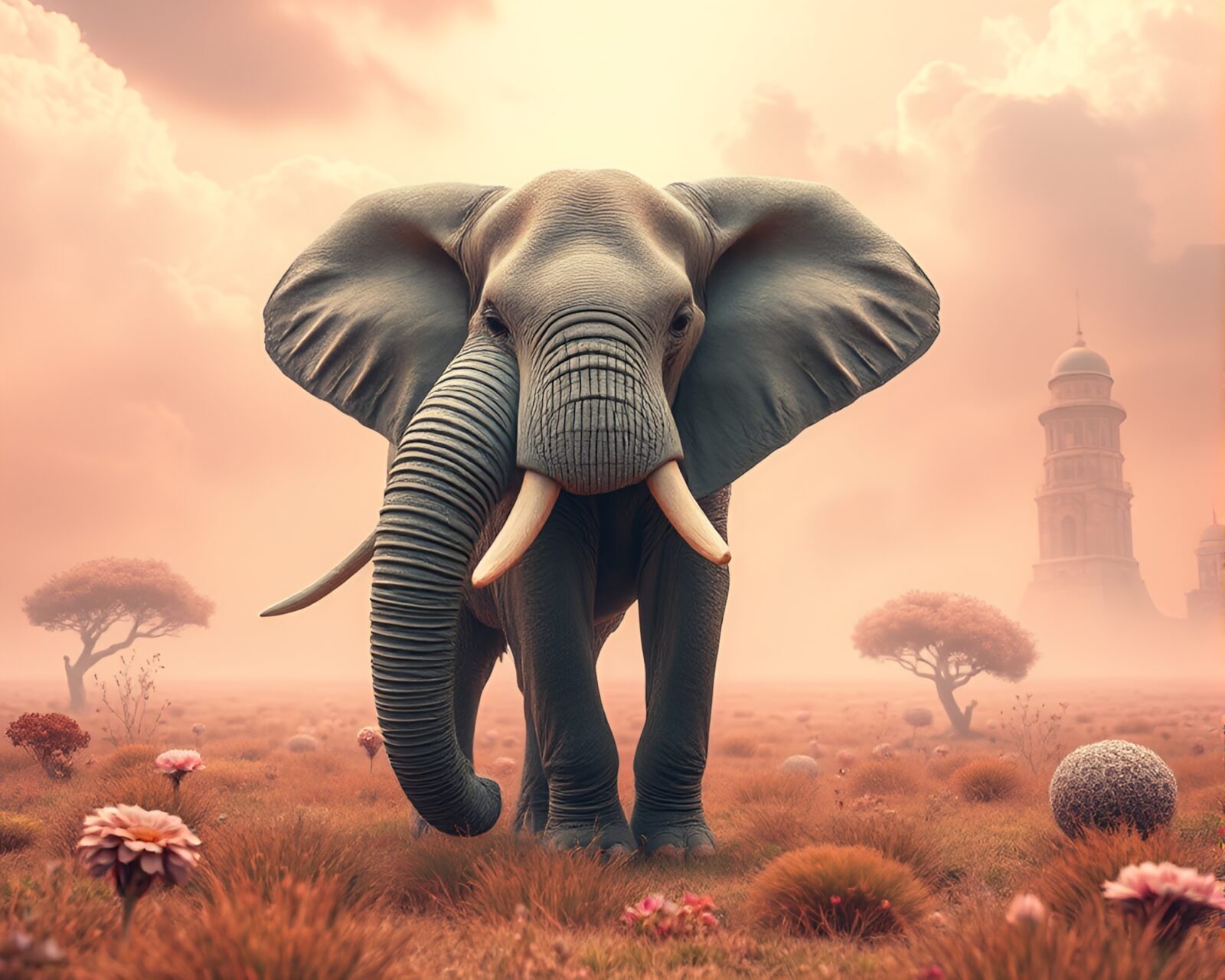 An ethereal elephant standing in a whimsical dream-like scenery